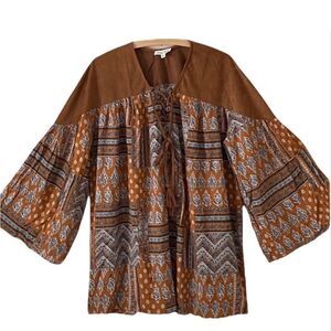 NEW Cotton Bleu Boho Lace Up Cotton Top